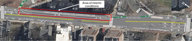 Until the MBTA can remove overhead wires, there will be a standard bike lane between Little Concord Avenue and Waterhouse Street. Once the wires are removed, the bike lane and parking lane will switch places.