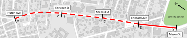 Starting from the west, Sections A, B, and C which make up the area from Huron Ave to Concord Ave, are where we have the three layout options, while Section D, Concord Ave to Mason Street is the part that only has the preferred layout.